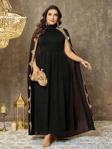 EMERY ROSE 大码闪亮高领披肩式连衣裙，优雅迷人，适合约会和派对 - 黑色 - 查看 3