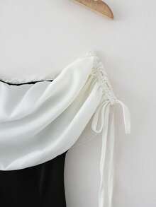 GlowEve Đầm chữ A cổ bẻ màu đen trắng cho nữ, kiểu dáng xòe, vai lệch, eo, thích hợp dự tiệc hoặc mặc hàng ngày, thích hợp cho nữ lớn tuổi. - Đen và trắng - Xem 3