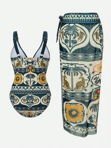 Swim Oasis 女士棕榈树印花吊带连体泳衣，配同款罩裙 - 彩色 - 查看 2