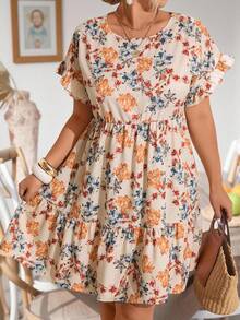 Breezaya Plus Size Round Neck Ruched Short Sleeve Printed Loose Dress - Multicolor - View 7