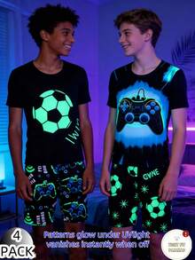 两套双色男童睡衣，夜光设计，黑色底色上印有霓虹蓝色的游戏手柄和“玩游戏”字样，以及霓虹绿色的足球和字母图案，弹力顺滑面料，舒适贴身，适合休闲和日常活动，展现酷炫活力的青春气息。 - 彩色 - 查看 4