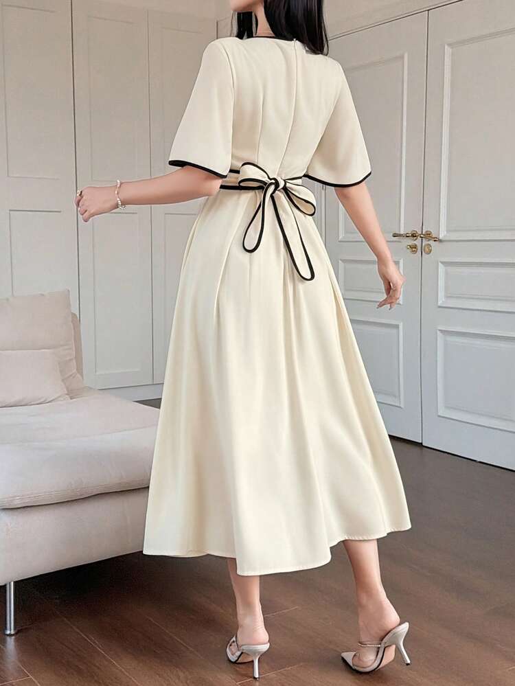 Women's Elegant Contrast Color V-Neck Ruffle Sleeve Dress, Summer Wedding Guest Dress Sundress