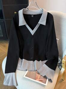 GlowEve CURVE Women's Plus Size Color Block Knit T-Shirt,Black,Autumn,Smart Casual,Everyday Fashion Turndown Collar Raglan Sleeve Loose Casual Daily Comfortable - Multicolor - View 4