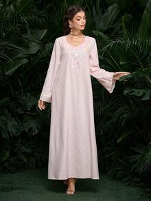 Al Najma Sequin Digital Print Long Sleeve Loose Fashion Elegant Pink Dress For Women - Pink - View 7