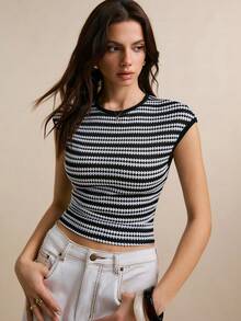 Poéselle Women's Striped Round Neck Cap Sleeve Cropped Casual T-Shirt - Black and White - View 1