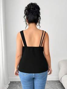 Elenzga Plus Size Women Elastic Knit Fashion Elegant Camisole With Top, Metal Buckle, Asymmetric Design, Suitable For Commuting, Shopping, Party, Daily Wear, All Seasons - Black - View 2