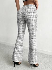 SHEIN SXY 女士休闲格子印花高腰喇叭裤，适合工作和通勤穿着。 - 黑與白 - 查看 2