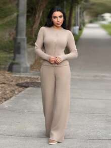 Durrani Popal Áo khoác cardigan tay dài cài nút, quần dệt kim co giãn thoải mái, bộ đồ dệt kim gân, trang phục dạo phố sang trọng, gợi cảm, mùa thu, đêm tiệc mùa thu, lễ tạ ơn sang trọng - Xám - Xem 5