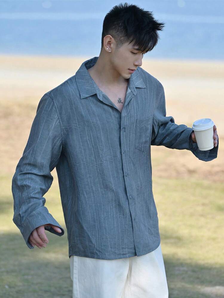 Men's Blue Textured Fabric Shirt, Spring Long Sleeve Tops Women