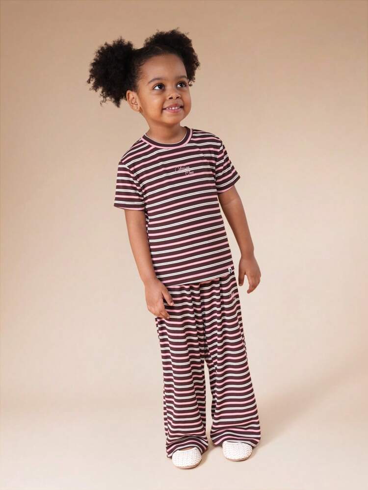 Ribbed Striped T-Shirt And Wide Leg Pants Set