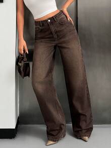 SHEIN BROWN Jean High Rise Casual Straight Leg Woman Denim - Brown - View 4