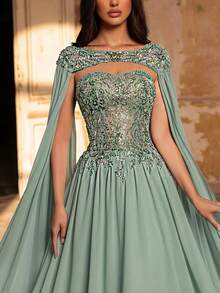 Aureia 优雅奢华的珍珠串珠花卉雪纺超大泡泡袖长款连衣裙，适合婚礼、派对、度假、盛大晚宴、正式场合（装饰繁复） - 銀色 - 查看 3