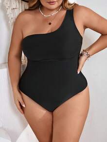 SHEIN CURVE+ Plus Size Women One-Piece Swimsuit, Shoulder Strap, Suitable For Summer Vacation - Black - View 1