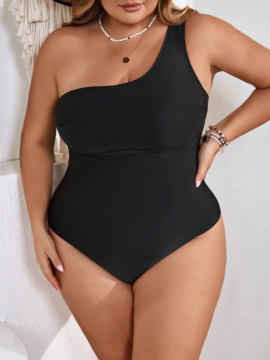 SHEIN CURVE+ Áo tắm liền thân cỡ lớn dành cho nữ, có dây đeo vai, thích hợp cho kỳ nghỉ hè. - màu đen - Xem 1