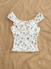 Soleia Women's Ditsy Floral Frill Trim Single-Breasted Vacation Shirt - Multicolor - View 3