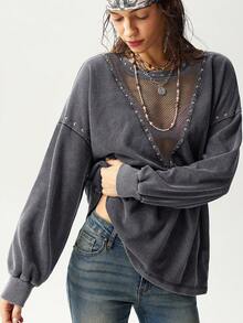 Bohemela Áo sweatshirt nữ dáng rộng, cổ tròn, màu trơn, chất liệu dệt kim, đã qua xử lý giặt, thích hợp mặc thường ngày. - Xám - Xem 3