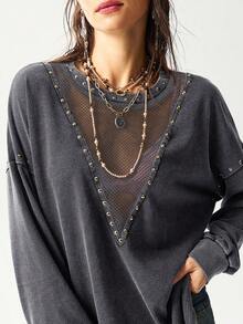 Bohemela Áo sweatshirt nữ dáng rộng, cổ tròn, màu trơn, chất liệu dệt kim, đã qua xử lý giặt, thích hợp mặc thường ngày. - Xám - Xem 5