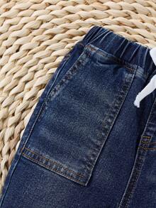 SHEIN 男童深蓝色弹力牛仔紧身短裤 - 深色水洗藍 - 查看 4