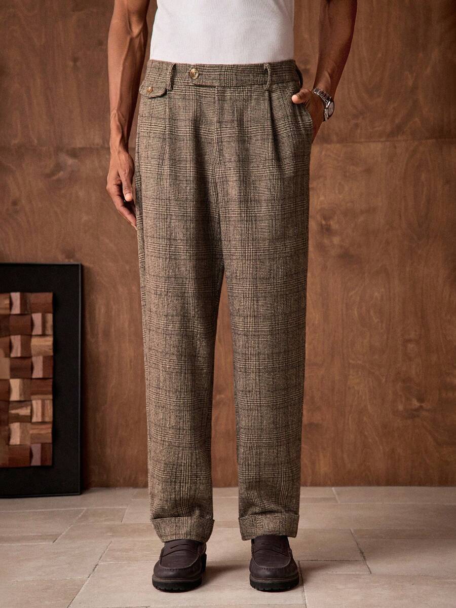 AKNOTIC Business Casual 男士梭织休闲宽松直筒裤，时尚日常穿着 - 杏色 - 查看 1