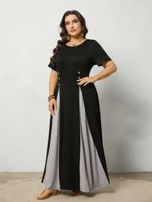 EMERY ROSE Plus Size Knit Patchwork Loose Long Dress - Multicolor - View 7