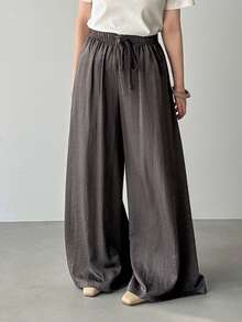 FRIFUL Pantalones casuales sueltos de unicolor con cordón en la cintura, versátiles para primavera y verano - Gris - Ver 1