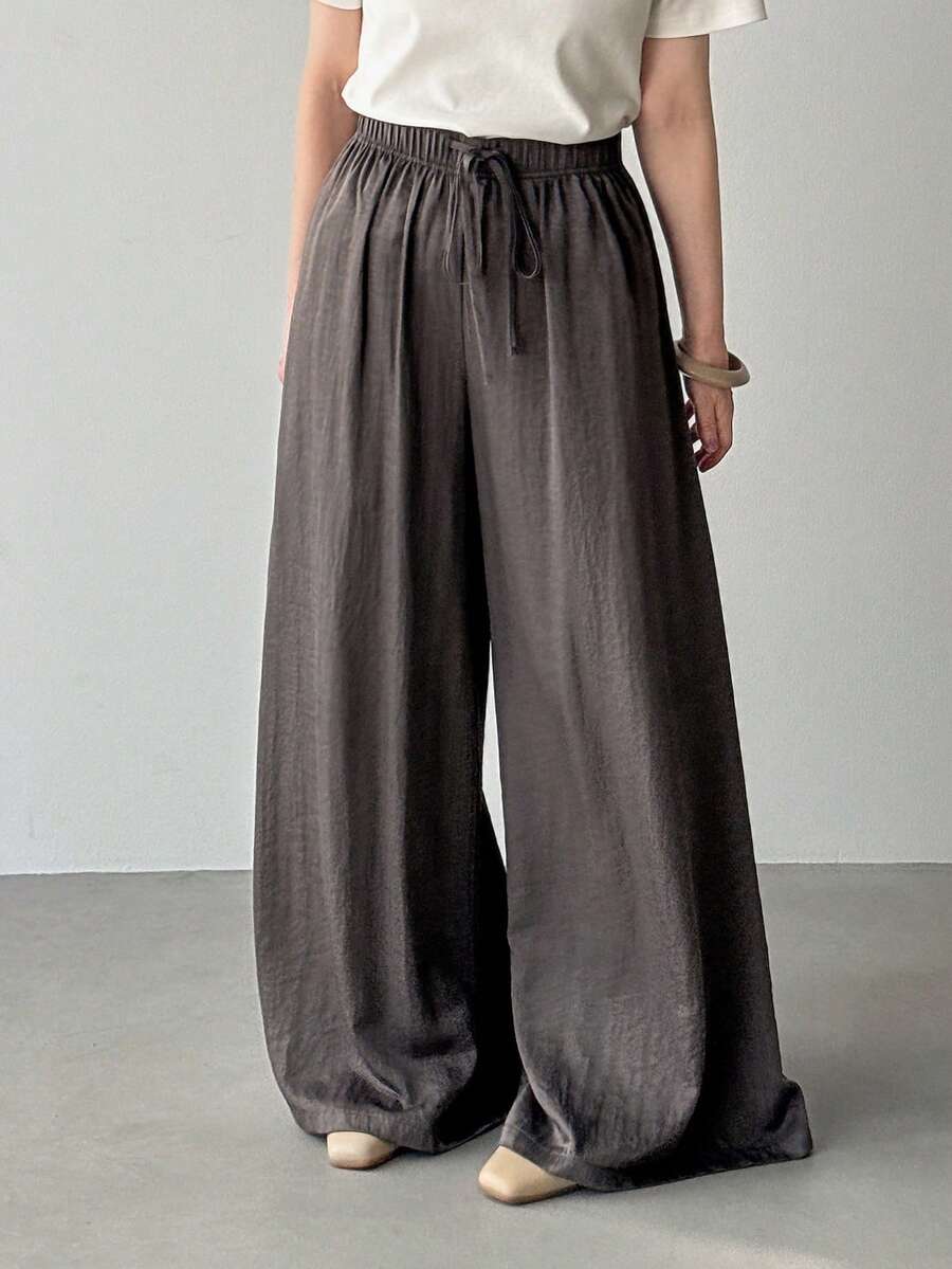 FRIFUL Pantalones casuales sueltos de unicolor con cordón en la cintura, versátiles para primavera y verano - Gris - Ver 1