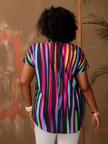 EMERY ROSE 大码V领短袖条纹休闲宽松衬衫/夏季/春季/度假海滩度假 - 彩色 - 查看 2