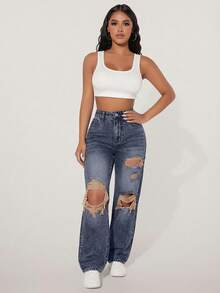 SHEIN PETITE Quần jean denim dáng suông rộng rãi, phong cách vintage rách rưới. - Màu xanh lam - Xem 4