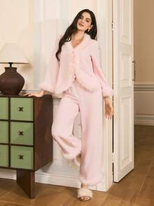Mature French Elegant Women Faux Fur Patchwork Long Sleeve Top And Pants Pajama Set - Pink - View 1