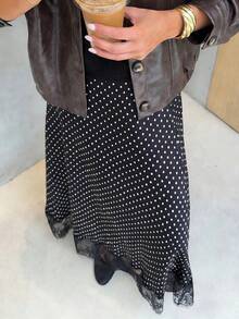 Cévolie Women's High Waist Polka Dot Print Contrast Lace Hem Elegant A-Line Skirt - Black - View 1