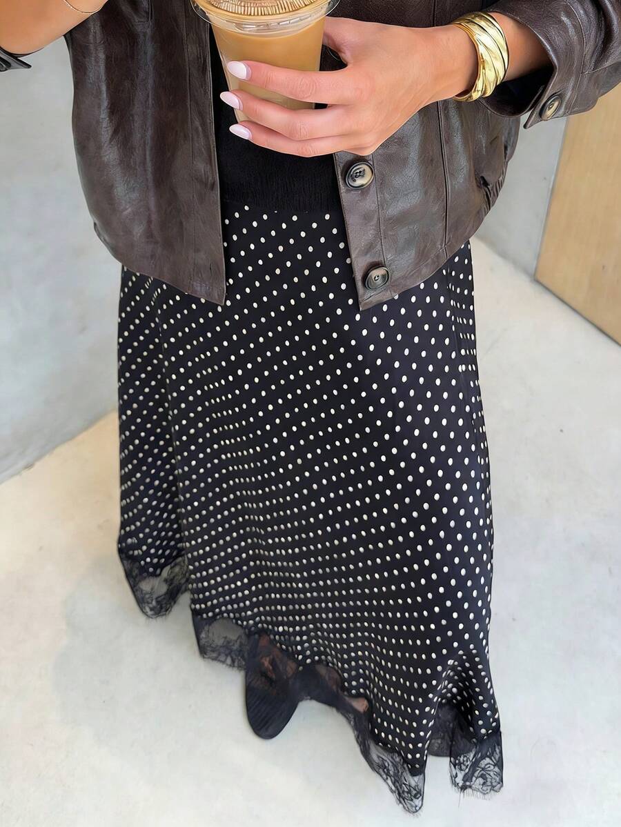 Cévolie Women's High Waist Polka Dot Print Contrast Lace Hem Elegant A-Line Skirt - Black - View 1
