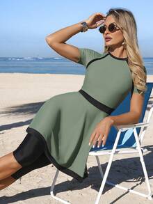 Swim Mulvari 2pcs/Set New Solid Color Patchwork Short Sleeve Beach Dress With Zipper Back, Elegant Ladies Swimsuit - Multicolor - View 5