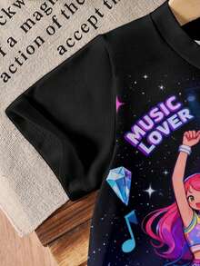 4-7 Years Old Girls Cartoon Short Sleeve T-Shirt | Printed Design, Colorful Girl Pattern Print, Suitable For Casual Streetwear Style, Ideal Children's Gift, Suitable For Outdoor Use, Knitted Fabric - Multicolor - View 5