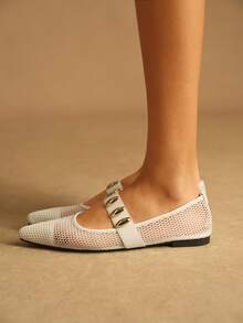 Rosivie Women Casual Versatile Commuting Minimalist Hollow Metal Decor Pointed Toe Flats - White - View 3