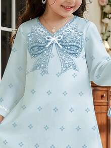 SHEIN Princess Ice Blue, Elegant & Fashionable Princess Bow & Pearl Pattern, Young Girls Casual & Graceful Traditional Arabic Kaftan Dress Suitable For Spring/Summer Daily, Festivals, Outings, Graceful & Stylish Long Sleeve Arabic Maxi Dress - Multicolor - View 6