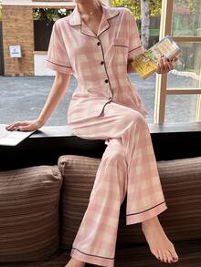 SHEIN Napfluff Pink & White Plaid Print Pattern Women Short Sleeve Pajama Set - Multicolor - View 5