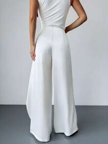 Firerie 女士优雅休闲日常装，都市通勤办公，白色缎面中长裹身裙裤，金属扣装饰，宽松阔腿裤，教师，机场，新款春夏秋冬女士裤装，约会，度假，休闲，时尚百搭白色阔腿裤 - 白色 - 查看 3