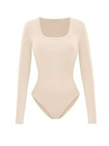 EMERY ROSE Women's Casual Solid Color Ribbed Square Neck Long Sleeve Bodysuit - Beige - View 5