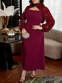 Modelyn 2pcs Plus Size Women Elegant Sequin Party Dress - Burgundy - View 6
