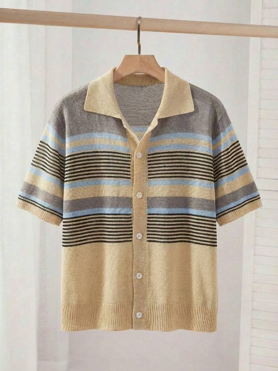 SWAVVY Suéter de manga corta de hombre de talla estándar con bloques de color tejidos - Multicolor - Ver 1
