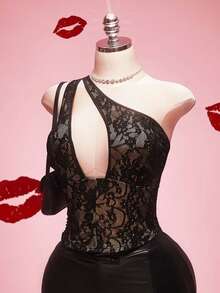 SHEIN ICON Blouse sexy à une épaule en dentelle ajourée, grande taille Y2K - Noir - Voir 6