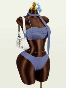 SHEIN Women's Plaid Fashionable Spaghetti Strap Ruched Summer Bikini Set - Blue and White - View 6