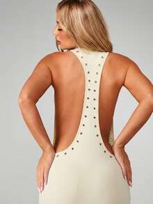 MISSGUIDED Sleeveless Scoop Neck Maxi Dress With Eyelet Studded Details Racerback Evening Formal Bodycon Floor Length Gown - Cream - View 3