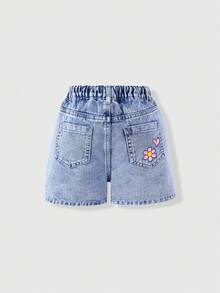 Elladie kids Cute Light Wash Denim Straight Leg Shorts For Young Girls With Cartoon Bear And Flower Patterns Pockets - Light Wash - View 2
