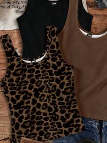 SHEIN EZwear 3件套休闲纯色及豹纹吊带背心，适合夏季穿着 - 彩色 - 查看 4
