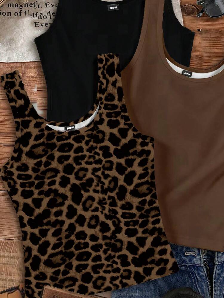 SHEIN EZwear 3 peças/Conjunto Regatas Casuais Sólidas e com Estampa de Leopardo para Mulheres, Adequadas para o Verão - Multicolorido - Visão 4