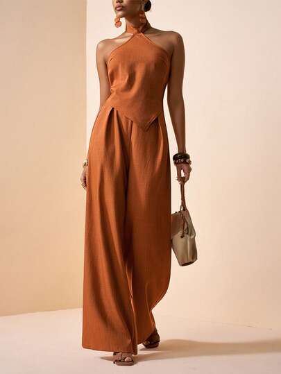 Zivah 2025 Spring New Music Festival Western Style Vacation Beach Elegant Minimalist Diamond Hem Tie Front Backless Elastic Waist Women Jumpsuit