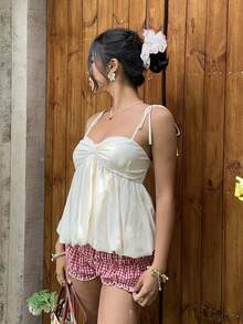 MainGRL Elegant Beige Balloon Hem Camisole Top, Summer,Valentine's Day ,Cute Summer Top ,Bow Top Women - Beige - View 3