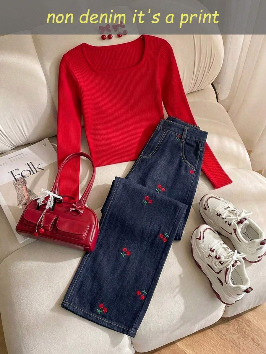 SHEIN Casual Denim Outfit For Teens - Fashionable And Fresh Pairing Of Jeans And Cropped Top, Suitable For Outdoor And Daily Wear, Snug Fit And Sweet Denim Set