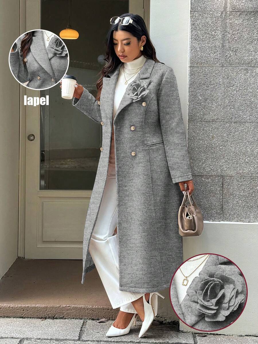 EMERY ROSE Plus Size Elegant 3D Floral Decor Jacket - Grey - View 1
